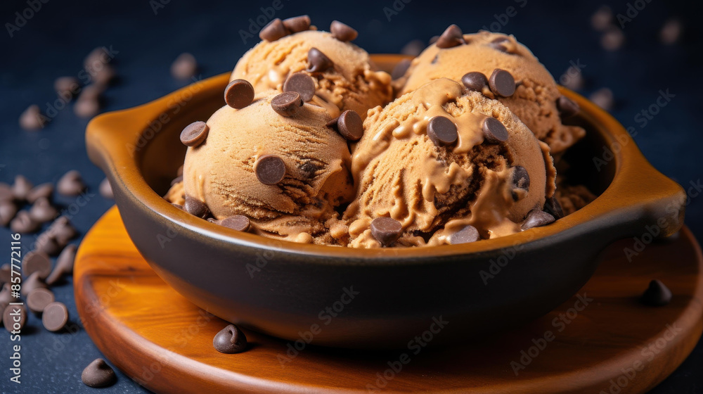 Indulge in scrumptious chocolate ice cream with chocolate chips, perfect for dessert lovers. Ideal for food and culinary themes. Indulge in scrumptious chocolate ice cream with chocolate chips, perfect for dessert lovers. Ideal for food and culinary themes.
