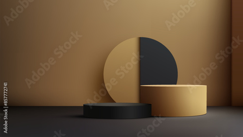 Modern 3D Black and Gold Podium with Circle Backdrop in Brown Wall Background for Product Display