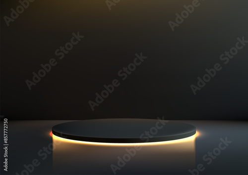 3D Black Round Platform Podium with Neon Light for Futuristic Product Display and Technology