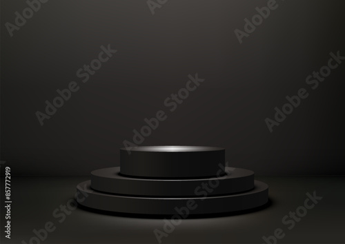 3D Black Three Tiered Podium Award Ceremony on Dark Background: Modern Product Display Mockup, Elegant Showroom