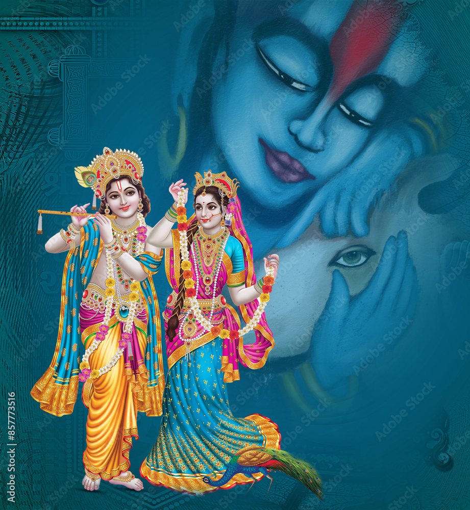 Fototapeta premium 3d illustration of Indian god Radha Krishna with texture background for interior decoration wallpaper.