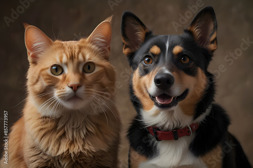 happy dog and cat focus on camera
