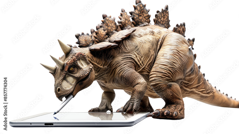 Fototapeta premium Photograph of a stegosaurus using a stylus on a tablet, with a transparent background.