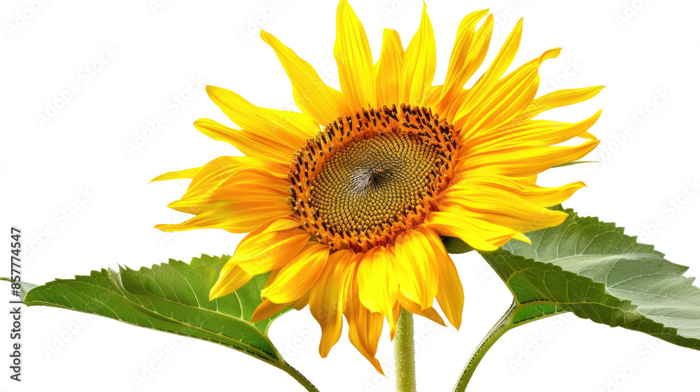 Fototapeta premium Photograph of a sunflower, its golden face radiating warmth and energy, on a transparent background.