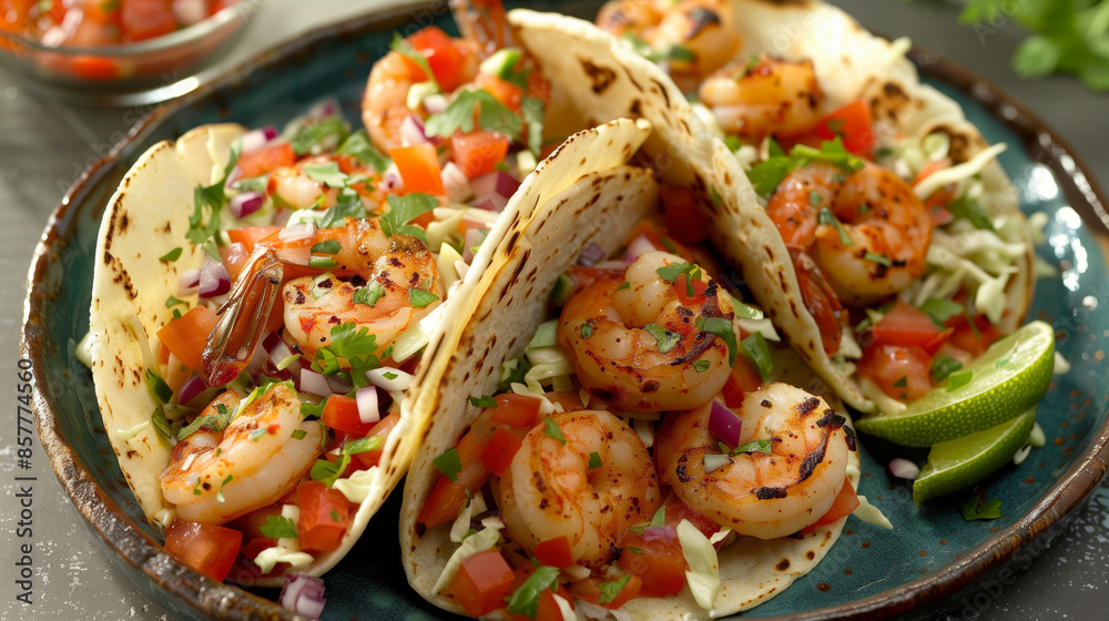 Homemade shrimp tacos with coleslaw and salsa Homemade shrimp tacos with coleslaw and salsa