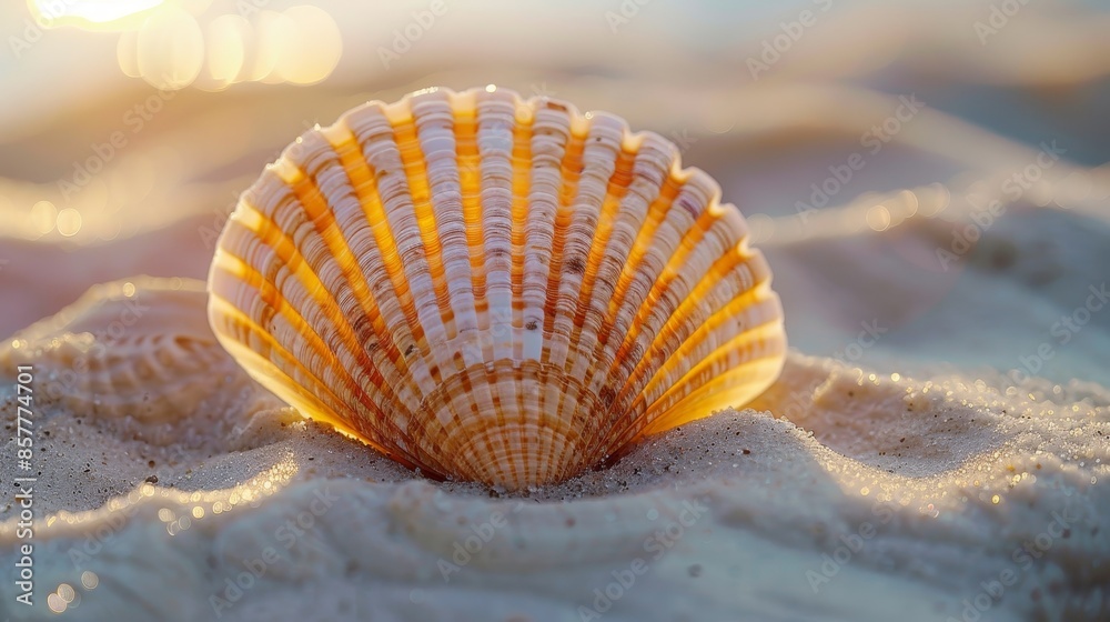 Serene Seashell: Close-up Detail of Shell Resting on Sandy Beach Serene Seashell: Close-up Detail of Shell Resting on Sandy Beach