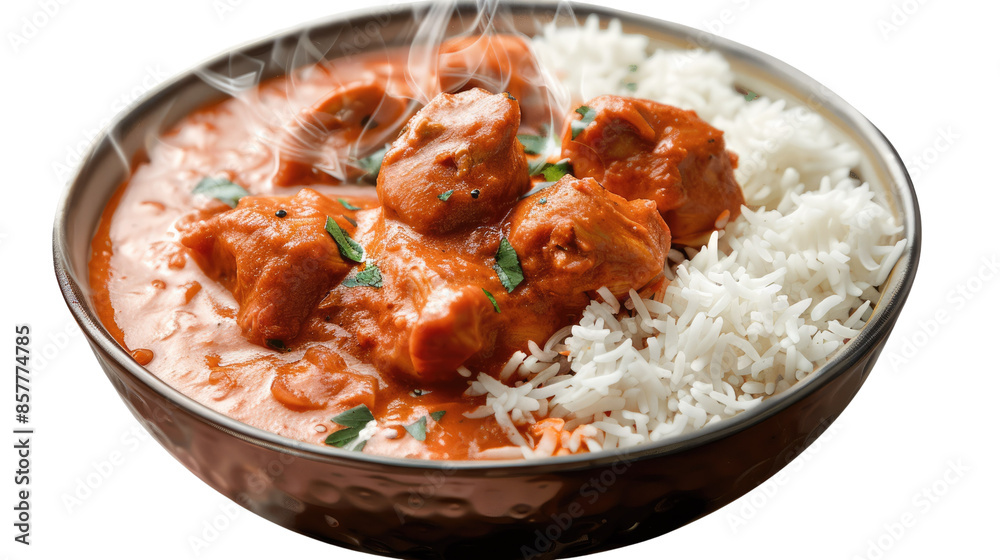 Photograph of a steaming bowl of butter chicken with creamy tomato sauce and tender chicken chunks, served with fluffy basmati rice on a transparent background. Photograph of a steaming bowl of butter chicken with creamy tomato sauce and tender chicken chunks, served with fluffy basmati rice on a transparent background.