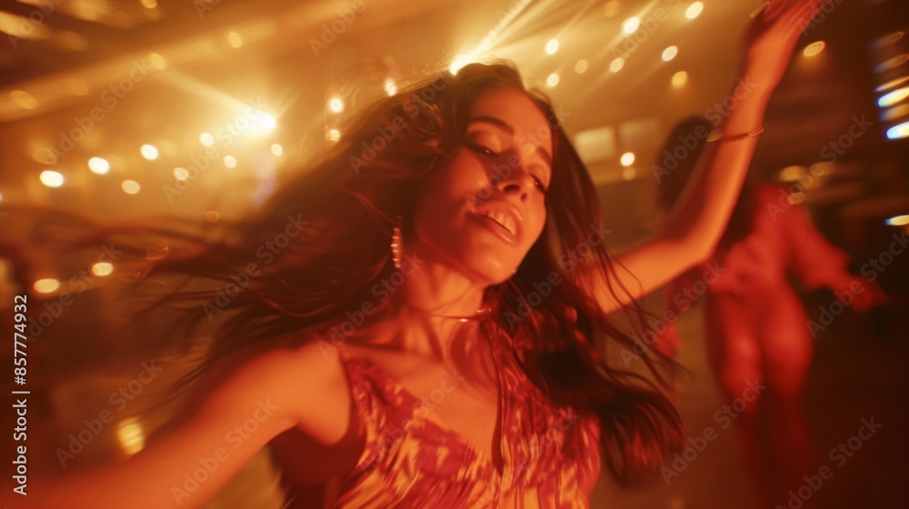 Young women dancing in a nightclub. Expressive dance at a party. Embracing the rhythm with expressive moves on dancefloor Young women dancing in a nightclub. Expressive dance at a party. Embracing the rhythm with expressive moves on dancefloor
