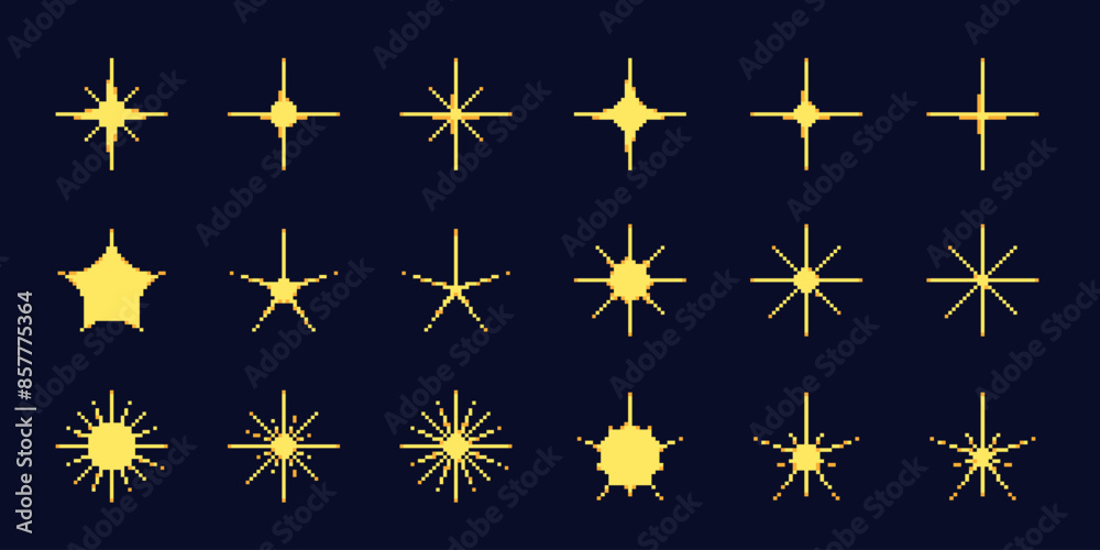 8bit pixel star icon set. Bright yellow sparkle symbol collection. Sparkling stars, glitter, sparkles. Starry sky 8bit pixel star icon set. Bright yellow sparkle symbol collection. Sparkling stars, glitter, sparkles. Starry sky