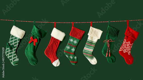 Colored New Year's socks on a string on a green background, close-up photo