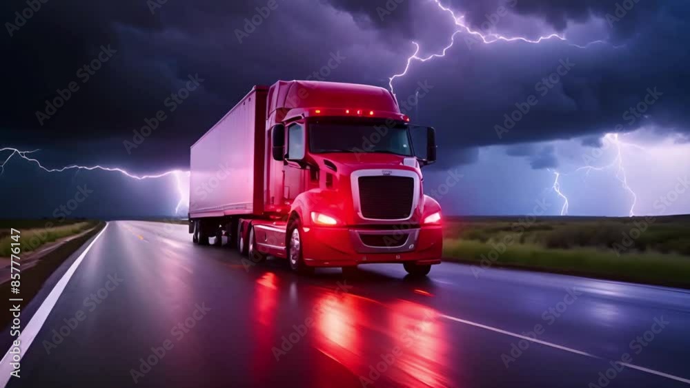 Red american container truck driving on a highway with dark stormy sky and lightning in the background.HD 4K Red american container truck driving on a highway with dark stormy sky and lightning in the background.HD 4K