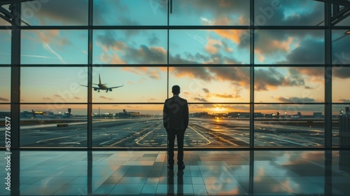 A businessman, in business attire, stands in front of a large window at an airport, looking out at airplanes taking off and landing on the runway.