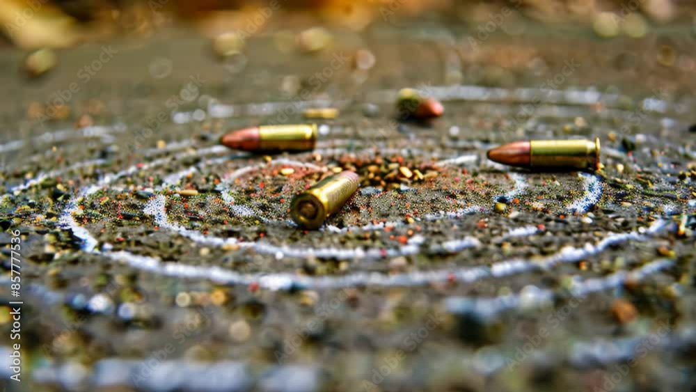 Multiple small metallic bullets lying scattered across the ground, Bullet fragments scattered around a target Multiple small metallic bullets lying scattered across the ground, Bullet fragments scattered around a target