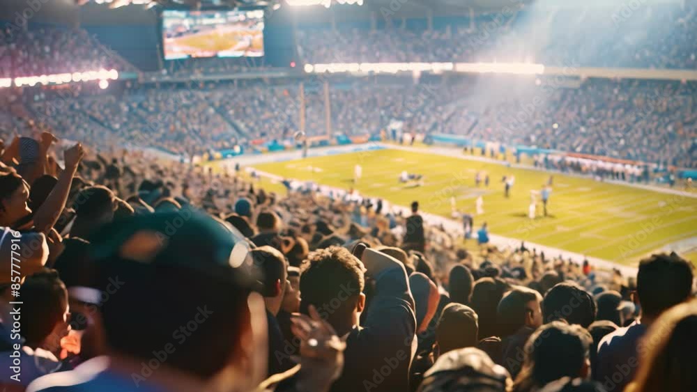A massive gathering of spectators cheering and watching a sporting event in a lively atmosphere, Capture the energy and excitement of a crowd at a sporting event