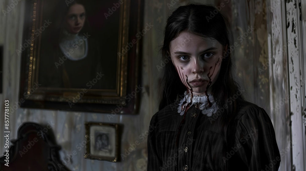 A haunting young girl with a blood-streaked face stands solemnly in an old, dimly lit room, evoking an eerie atmosphere. A haunting young girl with a blood-streaked face stands solemnly in an old, dimly lit room, evoking an eerie atmosphere.