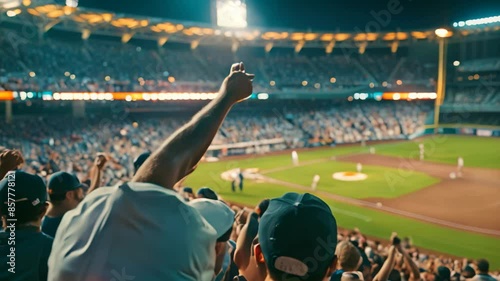 Crowd of diverse people cheering and clapping as they watch a baseball game in a packed stadium, Capture the energy and excitement of a crowd at a sporting event