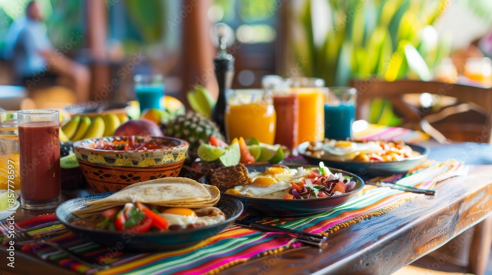 Delicious Breakfast with Eggs, Tortillas and Juice on a Colorful Tablecloth Delicious Breakfast with Eggs, Tortillas and Juice on a Colorful Tablecloth