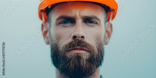 A man sporting a beard and a hard hat. Concept Construction Worker, Bearded Man, Safety Gear, Blue Collar Worker, Hard Hat photo