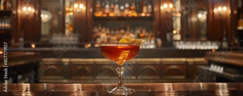 A Single Cocktail With Orange Twist on a Bar Countertop