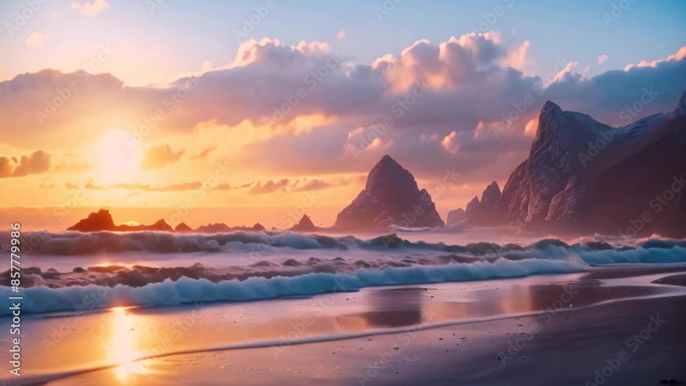 A painting depicting a vibrant sunset on a beach with majestic mountains in the background, Capturing the serenity of a remote beach at sunset A painting depicting a vibrant sunset on a beach with majestic mountains in the background, Capturing the serenity of a remote beach at sunset