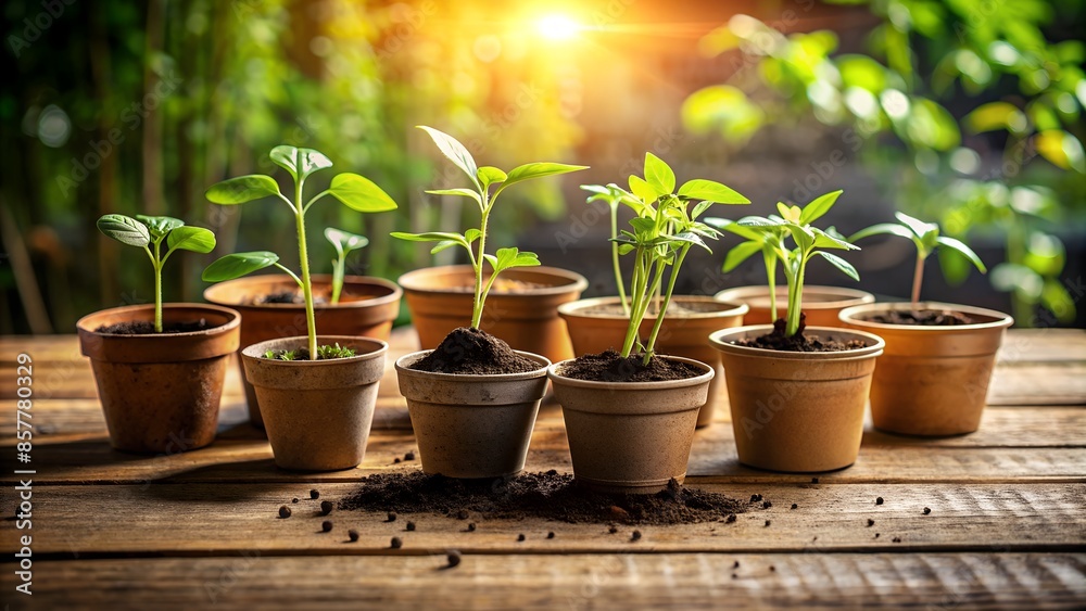 A wooden table with several potted plants in various growth stages. Some are just seedlings, while others have sprouted leaves and are reaching for the light. A wooden table with several potted plants in various growth stages. Some are just seedlings, while others have sprouted leaves and are reaching for the light.