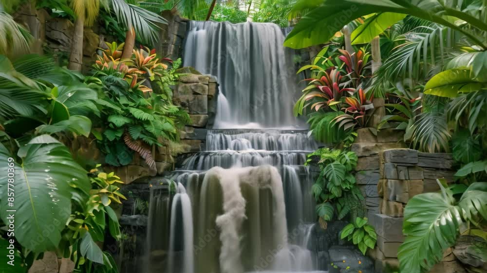 A cascading waterfall set in a tropical garden with lush foliage, Cascading waterfalls surrounded by lush foliage A cascading waterfall set in a tropical garden with lush foliage, Cascading waterfalls surrounded by lush foliage