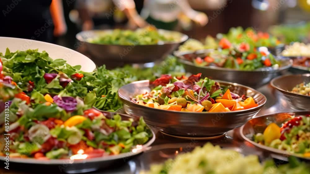 Close-up view of various bowls filled with food arranged neatly on a table by chefs preparing a gourmet salad, Chefs preparing a gourmet salad with a variety of toppings Close-up view of various bowls filled with food arranged neatly on a table by chefs preparing a gourmet salad, Chefs preparing a gourmet salad with a variety of toppings