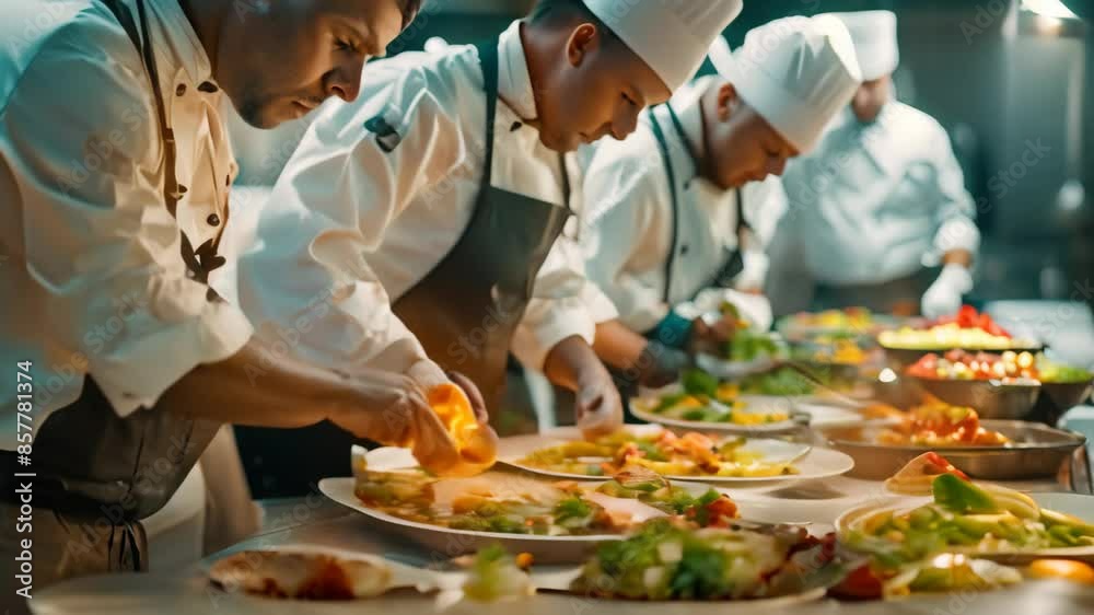 Group of chefs working together to prepare a gourmet salad in a busy kitchen environment, Chefs preparing a gourmet salad with a variety of toppings Group of chefs working together to prepare a gourmet salad in a busy kitchen environment, Chefs preparing a gourmet salad with a variety of toppings