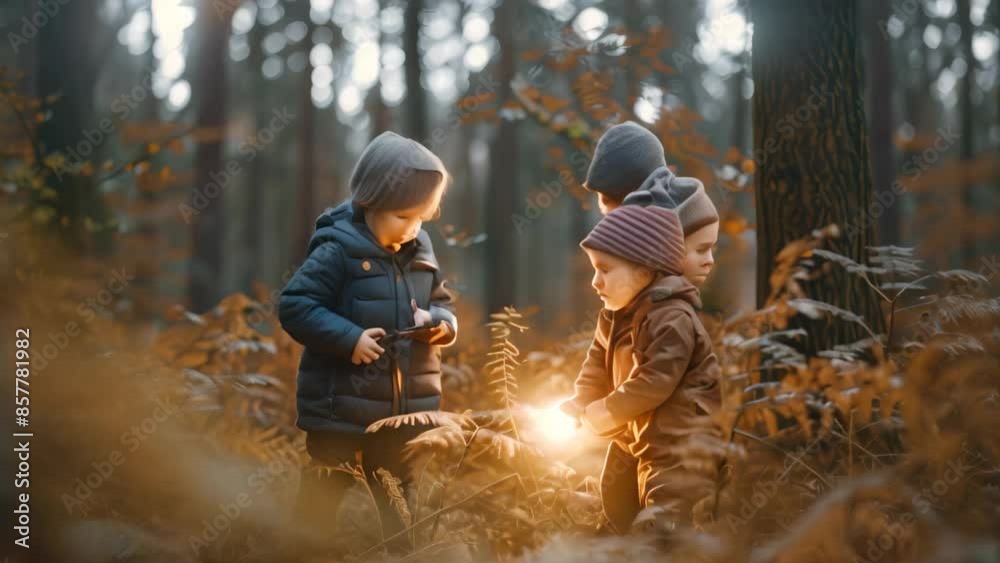 Two children happily exploring the woods at night with a flashlight, Children exploring a forest with flashlights Two children happily exploring the woods at night with a flashlight, Children exploring a forest with flashlights