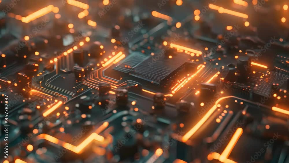 Detailed view of a computer circuit board showing intricate patterns and geometric shapes, Circuit board patterns and geometric shapes blending together Detailed view of a computer circuit board showing intricate patterns and geometric shapes, Circuit board patterns and geometric shapes blending together