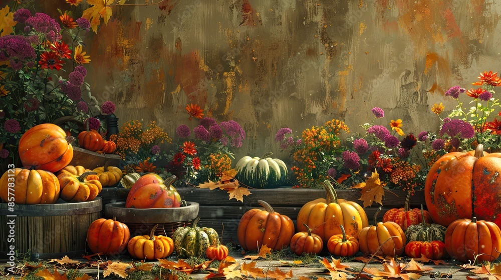 Digital illustration of a harvest festival with pumpkins and gourds with a vibrant brown backdrop Digital illustration of a harvest festival with pumpkins and gourds with a vibrant brown backdrop