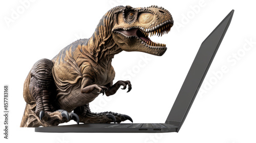 Photograph of a photorealistic Tyrannosaurus Rex working on a MacBook Pro, with a transparent background. photo