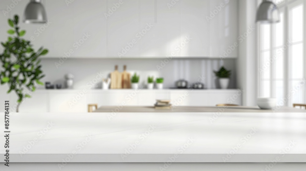 Empty white marble table top and blurred kitchen background, product display montage Empty white marble table top and blurred kitchen background, product display montage