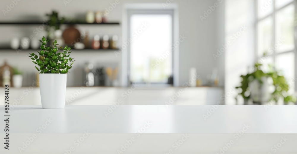 Empty white marble table top and blurred kitchen background, product display montage Empty white marble table top and blurred kitchen background, product display montage