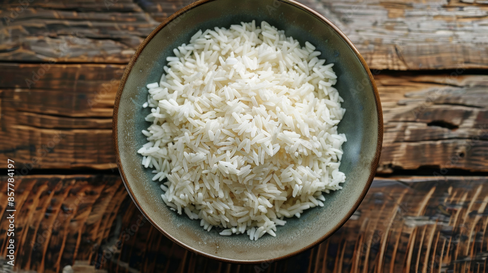 White rice in brown plate, flat lay, simple food background White rice in brown plate, flat lay, simple food background