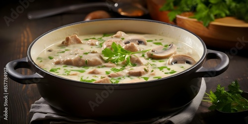 Fototapeta Naklejka Na Ścianę i Meble -  Experience the magic of veal blanquette a delicious French classic. Concept French Cuisine, Veal Blanquette, Classic Recipes, Cooking Techniques, Gourmet Dining
