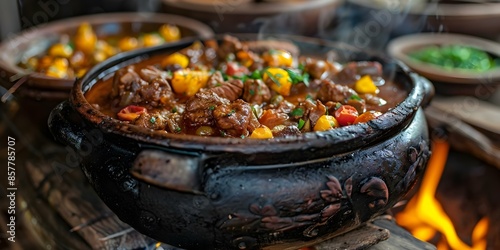 Artistic depiction of traditional South African potjiekos in decorative cooking pot. Concept South African Cuisine, Potjiekos Cooking, Traditional Food, Decorative Cooking Pot, Artistic Depiction photo