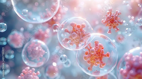 A closeup animation of a molecule within a bubble background, representing a cosmetic solution The animation also shows the serum penetrating the skin layer to reduce wrinkles