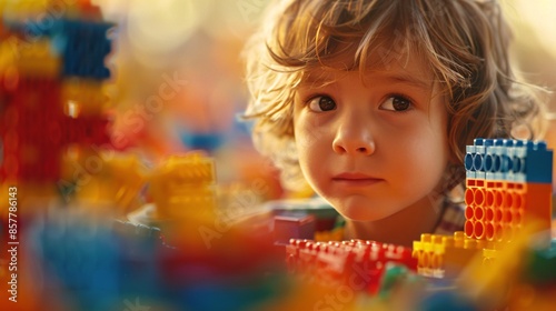 A young child engrossed in play, building imaginative structures with colorful LEGO blocks. The scene captures the joy and creativity of childhood, with ample copyspace for customizable messaging. © Thitiphan