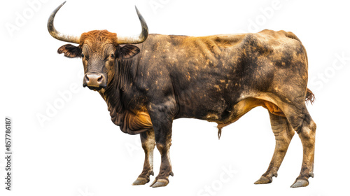 Photograph of a majestic Push Bull standing proudly on a transparent background, its muscles rippling and horns gleaming. photo