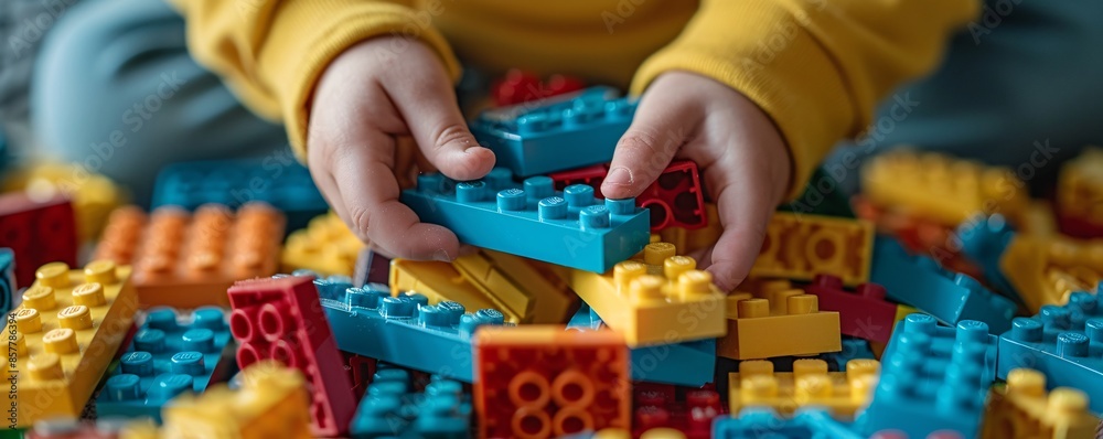 Against a neutral background, a child's hands deftly assemble blocks into a whimsical creation, showcasing the educational and developmental benefits of play. Perfect for showcasing products or Against a neutral background, a child's hands deftly assemble blocks into a whimsical creation, showcasing the educational and developmental benefits of play. Perfect for showcasing products or