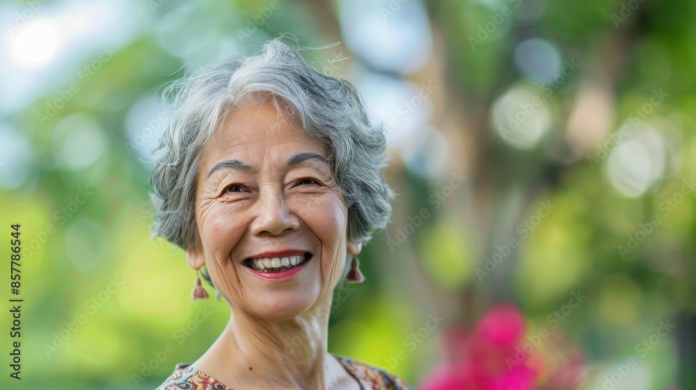 A woman with gray hair smiles for the camera in a garden setting A woman with gray hair smiles for the camera in a garden setting