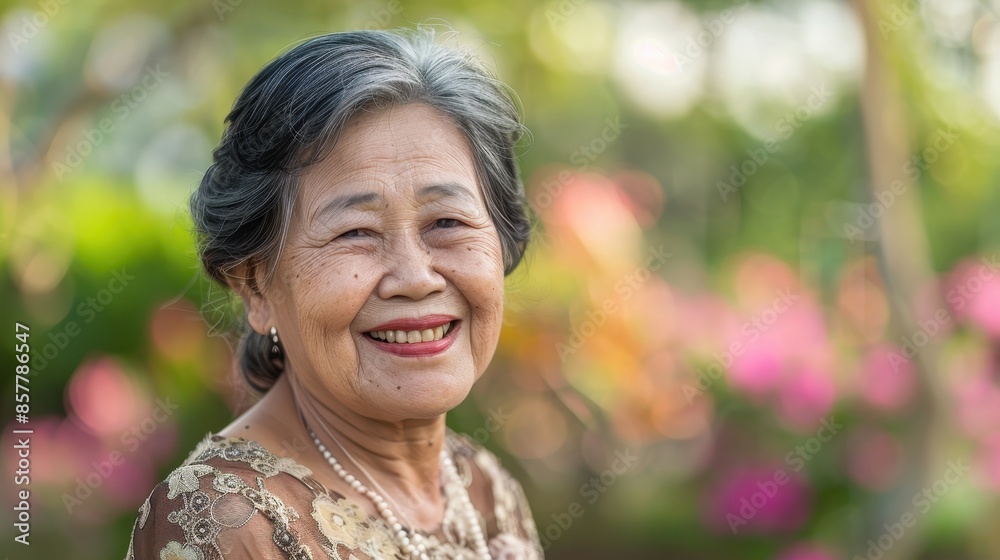 Close-up portrait of an elderly woman smiling in a garden Close-up portrait of an elderly woman smiling in a garden