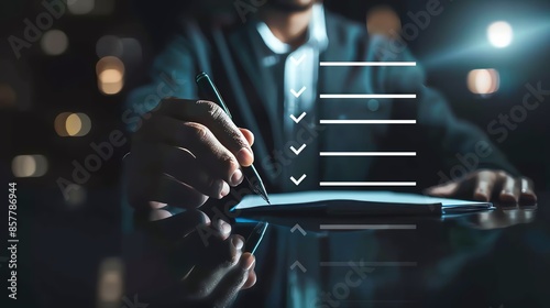 A businessman checks off items on a checklist, symbolizing task completion and success.