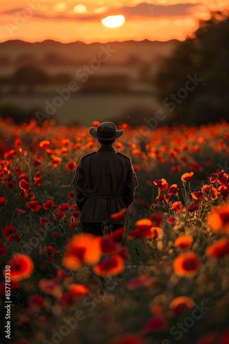 Man in Hat Standing in Field of Red Poppies at Sunset with Golden Sky