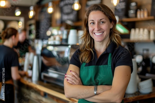 Smiling Barista with Crossed Arms in a Coffee Shop