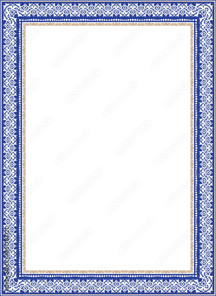 Obraz premium Blue gold rectangular Vertical Islamic Asian Uzbek national ornament ornament frames. A4 format. Uzbek pattern frame, border, decorative ornament of the Uzbek, Kazakh, Kyrgyz, Mongol, Tatar, Tajik