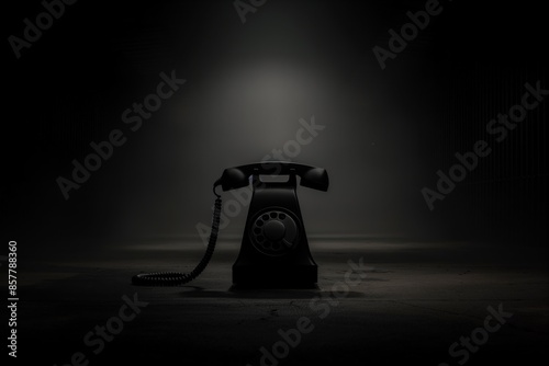 A black rotary phone with a coiled cord lies on a dark, dusty floor illuminated by a single light source above, casting a long shadow across the floor dimly lit, mystery and intrigue photo