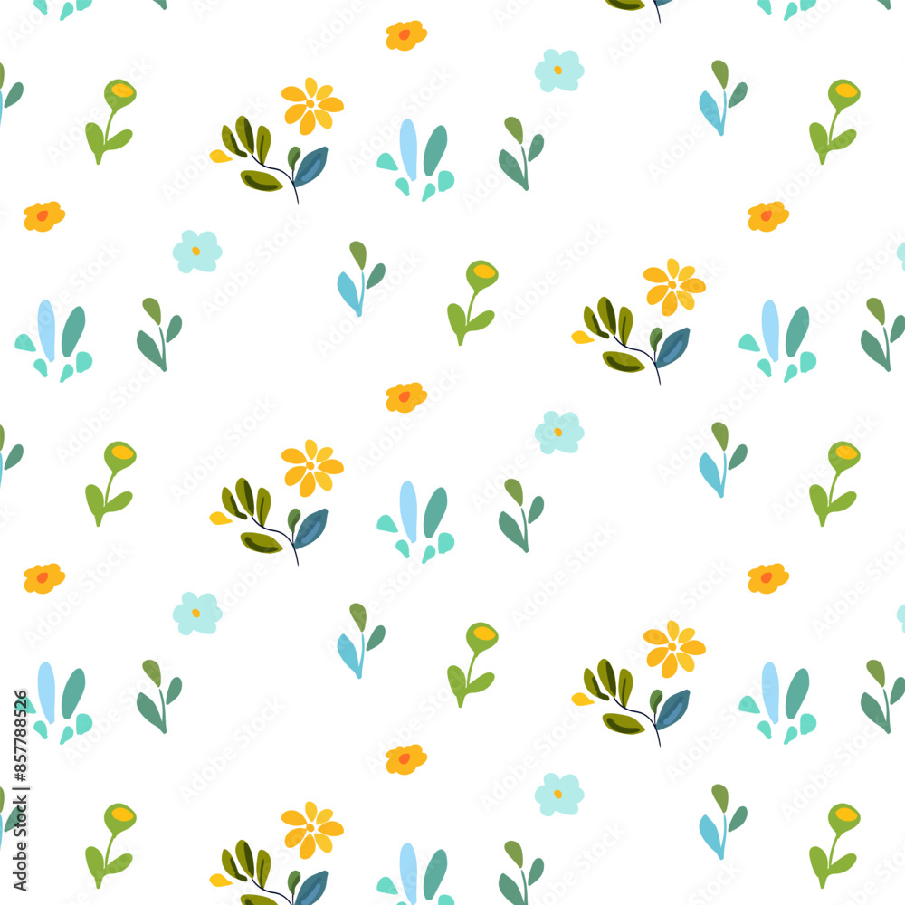 Seamless folk illustration featuring simple, flat, and bright green Malachite decorative tree Blue flower White background. Home decor, textiles Wallpapers Seamless folk illustration featuring simple, flat, and bright green Malachite decorative tree Blue flower White background. Home decor, textiles Wallpapers