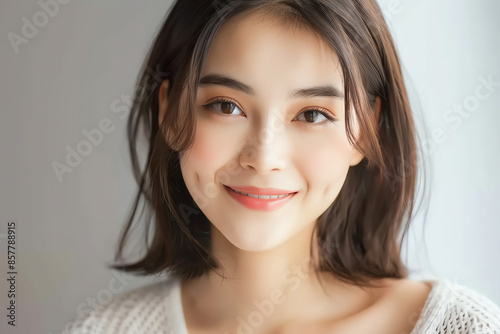A young woman with short brown hair smiles warmly at the camera. Her skin is clear and her eyes are bright. photo